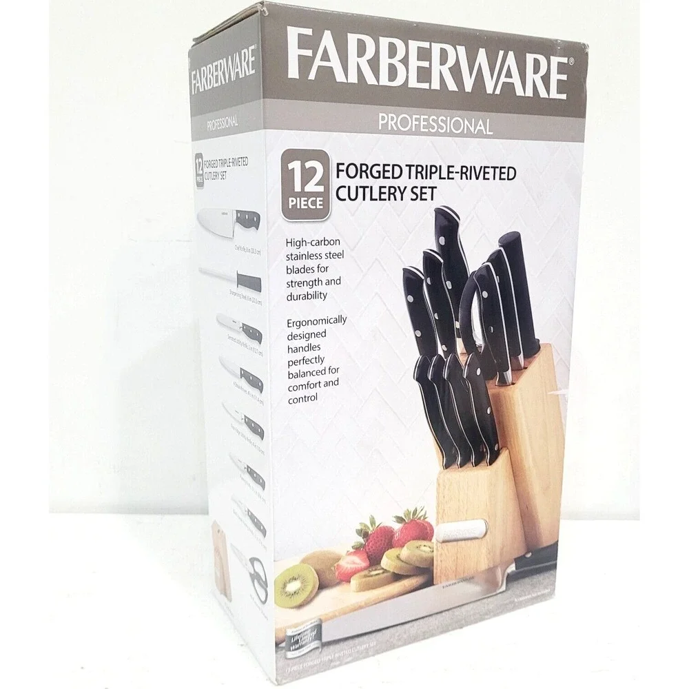 Farberware 12-Piece Forged Knife Set – High-Carbon Steel, Triple Riveted Handles